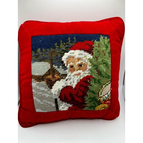 Vintage Needlepoint Xmas Santa Hand Embroidered Wool & Velvet Pillow NICE - Picture 1 of 15